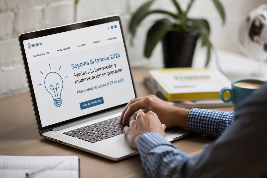 Person typing on a laptop displaying the Segovia Sí Innova 2026 information page with a lightbulb graphic on screen.